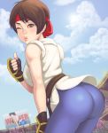  1girl ass breasts brown_eyes brown_hair fingerless_gloves gloves headband leaning_forward lips looking_at_viewer looking_back maou_alba one_eye_closed pants ryuuko_no_ken short_hair solo sweatdrop the_king_of_fighters thumbs_up tight tight_pants yuri_sakazaki 