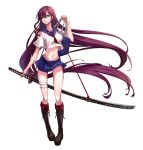  1girl black_boots boots braid cross-laced_footwear full_body highres jh katana knee_boots lace-up_boots long_hair navel original purple_hair red_eyes school_uniform serafuku simple_background solo sword weapon 