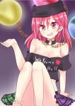  1girl aki_chimaki bare_shoulders breasts chains cleavage clothes_writing collar crop_top earth_(ornament) hat hecatia_lapislazuli long_hair miniskirt moon_(ornament) multicolored_skirt off_shoulder open_mouth red_eyes redhead shirt skirt smile solo t-shirt touhou 