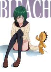  1girl bleach blush convenient_leg dress green_hair hair_between_eyes highres holding_legs kon kujou_nozomi loafers puma_(hyuma1219) sailor_collar shoes short_dress short_hair solo stuffed_animal stuffed_lion stuffed_toy thigh-highs 