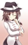  1girl aki_chimaki bow brown_eyes brown_hair chinese_clothes hat hat_bow highres retrospective_53_minutes ribbon-trimmed_sleeves ribbon_trim short_hair smile solo touhou usami_renko 