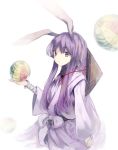  1girl ajirogasa alternate_costume animal_ears arm_at_side bandaged_arm bangs bei_mochi chin_strap cowboy_shot expressionless from_side hat hat_removed headwear_removed highres holding japanese_clothes kimono long_hair long_sleeves looking_at_viewer pale_skin paper_balloon purple_hair rabbit_ears reisen_udongein_inaba rice_hat sidelocks solo standing touhou very_long_hair violet_eyes white_background wide_sleeves 