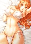  1girl arm_up bad_id bangs bare_arms bed_sheet bikini breasts cleavage collarbone cowboy_shot earrings eyelashes female groin jewelry large_breasts long_hair looking_at_viewer lying matching_hair/eyes nami_(one_piece) navel on_back on_bed one_piece orange_eyes orange_hair parted_lips pearl pearl_earrings senbei_(roof-lock) sheet_grab side-tie_bikini solo stomach string_bikini swimsuit under_boob white_bikini 