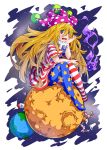  1girl american_flag american_flag_dress american_flag_legwear blonde_hair breasts clownpiece dress earth error fire food full_body hair_between_eyes hat head_rest highres ishimu jester_cap long_hair looking_at_viewer mallet medium_breasts mochi mochitsuki moon neck_ruff open_mouth pantyhose polka_dot rabbit red_eyes short_dress short_sleeves sitting solo space star star_(sky) star_print striped torch touhou very_long_hair wagashi 