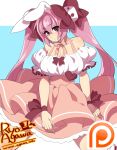  1girl agawa_ryou animal_ears bare_shoulders bow breasts cleavage di_gi_charat dress hair_bow large_breasts long_hair looking_at_viewer patreon pink_eyes pink_hair rabbit_ears ribbon solo twintails usada_hikaru very_long_hair wrist_ribbon 