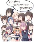  6+girls :d :t =_= ahoge akagi_(kantai_collection) akebono_(kantai_collection) anchor_choker arm_behind_back bangs black_hair blonde_hair blue_eyes blue_hair blunt_bangs breast_rest breasts breasts_on_head brown_eyes brown_hair capelet chopsticks closed_eyes collar commentary_request crescent crescent_hair_ornament detached_sleeves eating eyebrows eyebrows_visible_through_hair flower food frown glasses graf_zeppelin_(kantai_collection) green_hair grin hair_between_eyes hair_flower hair_ornament hairband hand_on_another&#039;s_head hand_on_another&#039;s_shoulder haruna_(kantai_collection) hat hatsuyuki_(kantai_collection) headgear hibiki_(kantai_collection) hiei_(kantai_collection) holding_microphone i-8_(kantai_collection) ido_(teketeke) japanese_clothes kaga_(kantai_collection) kantai_collection kimono kirishima_(kantai_collection) kongou_(kantai_collection) large_breasts leaning_forward long_hair looking_at_viewer microphone military military_uniform multiple_girls muneate nagato_(kantai_collection) noodles one_eye_closed open_mouth parted_bangs pink_hair pleated_skirt purple_hair remodel_(kantai_collection) sailor_collar sailor_hat sailor_shirt school_swimsuit school_uniform serafuku shirt short_hair side_ponytail silver_hair sketch skirt smile suzukaze_(kantai_collection) swimsuit translation_request twintails uniform uzuki_(kantai_collection) v verniy_(kantai_collection) white_background 