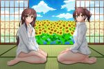  2girls akagi_(kantai_collection) alternate_costume bare_legs barefoot bottomless brown_hair clouds cloudy_sky commentary_request flower fusuma kaga_(kantai_collection) kantai_collection long_hair looking_at_viewer multiple_girls naked_shirt no_panties seiza shirt shouji side_ponytail sitting sky sliding_doors sunflower tatami tk_(butakuma) v_arms veranda wariza yellow_eyes 