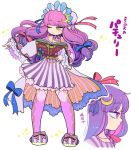  1girl adapted_costume book bow crescent crescent_hair_ornament dress hair_ornament hair_ribbon hat heterochromia jewelry long_hair mashuu_masaki mob_cap necklace one_eye_closed patchouli_knowledge purple_hair ribbon slippers solo touhou tress_ribbon violet_eyes yellow_eyes 