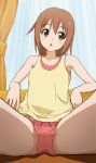  1girl :o anitore!_ex arm_support bare_shoulders blush breasts brown_eyes brown_hair crotch curtains drawstring haruyama_kazunori head_tilt hoshi_asami indoors looking_at_viewer open_mouth reclining short_hair shorts sidelocks sitting sleeveless solo spread_legs tank_top tareme thighs 