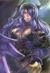  1girl absurdres armor armored_boots artist_name axe battle_axe black_armor boots breasts camilla_(fire_emblem_if) cleavage dragon dragon_rider fire_emblem fire_emblem_if hair_over_one_eye highres large_breasts lavender_hair lips long_hair marzia_(fire_emblem_if) parted_lips ryukenden sidelocks solo strap strap_cleavage teeth thigh-highs thigh_boots violet_eyes wavy_hair weapon wyvern 