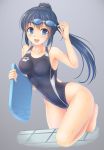  1girl black_hair blue_eyes competition_swimsuit goggles goggles_on_head highleg highleg_swimsuit highres kickboard long_hair one-piece_swimsuit original ponytail solo swimsuit umitonakai 