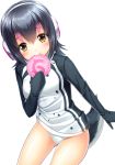  1girl bangs black_hair blush bottomless food headphones holding humboldt_penguin_(kemono_friends) jacket japari_bun kemono_friends looking_at_viewer mouth_hold multicolored_hair noshimasa panties pantyshot short_hair simple_background smile solo tail two-tone_hair underwear white_background white_panties yellow_eyes 