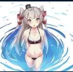  1girl amatsukaze_(kantai_collection) arms_behind_back bare_shoulders bikini black_bikini blush brown_eyes chestnut_mouth collarbone commentary_request from_above hair_tubes heavens_thunder_(byakuya-part2) kantai_collection long_hair looking_at_viewer looking_up navel partially_submerged silver_hair solo standing swimsuit two_side_up wading water 