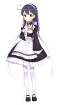  1girl ahoge alternate_costume apron black_hair enmaided female full_body hairband highres kantai_collection long_hair looking_at_viewer maid maid_apron mary_janes pantyhose ribbon shoes simple_background solo transistor ushio_(kantai_collection) white_background white_legwear yellow_eyes 