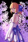  1girl absurdres ahoge bare_shoulders blonde_hair blush breasts choker elbow_gloves fate/stay_night fate_(series) flower gloves green_eyes highres ponytail ribbon saber shoulder_blades sideboob small_breasts solo star_(sky) vdoder 