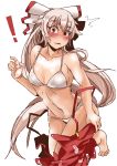  ! /\/\/\ 1girl barefoot blush bra fujiwara_no_mokou hair_ribbon heiseikorotaisei long_hair looking_at_viewer navel overalls panties red_eyes ribbon silver_hair solo sweatdrop touhou underwear undressing white_bra white_panties 