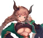  1girl blush braid breasts carmelina_(granblue_fantasy) coppelia_(futamine) doraf granblue_fantasy granblue_fantasy_(style) green_eyes horns large_breasts light_brown_hair long_hair official_style pointy_ears scissors scissors_hair_ornament simple_background smile solo twin_braids under_boob upper_body v very_long_hair white_background 