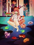 1girl alternate_costume barefoot bodysuit chains cleavage_cutout covering_mouth fan floral_print flower food fruit full_body gourd hair_ribbon heib highres horn_ribbon horns ibuki_suika indoors long_hair looking_at_viewer low-tied_long_hair orange_hair pointy_ears red_eyes ribbon sitting sleeveless solo tied_hair touhou turtleneck water watermelon 