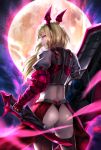  1girl armor ass blonde_hair from_behind full_moon gauntlets highres kosuke_(gonzo_2010) light_smile long_hair midriff moon original pink_eyes shield solo sword thigh-highs weapon 