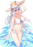  1girl 5plus arm_at_side bandeau bangs bare_shoulders bikini blue_eyes breasts cleavage eyebrows eyebrows_visible_through_hair eyelashes flower from_above groin halterneck hand_up hat hat_flower hat_ribbon highres large_breasts lexington_(zhan_jian_shao_nyu) long_hair looking_at_viewer navel o-ring_bikini o-ring_bottom ribbon ripples shade side-tie_bikini silver_hair smile solo standing stomach swimsuit thigh_gap under_boob very_long_hair wading water white_background white_bikini white_flower zhan_jian_shao_nyu 