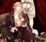  1boy black_gloves blonde_hair boots curtains fire_emblem fire_emblem_if gauntlets gloves gold gun hand_on_own_thigh handgun head_out_of_frame jacket_on_shoulders jewelry knee_boots looking_at_viewer male_focus marx_(fire_emblem_if) my_unit_(fire_emblem_if) necklace nipples parted_lips pearl_necklace pirate pistol sack scar slave solo_focus tattoo treasure_chest vase wavy_hair weapon 