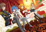  4girls 5plus aiguillette bismarck_(zhan_jian_shao_nyu) black_legwear blue_eyes blue_hair boots brown_hair couch crossed_arms cup curtains drinking_glass epaulettes flower high_heels hood_(zhan_jian_shao_nyu) iron_cross kneehighs legs_crossed long_hair looking_back multiple_girls prince_of_wales_(zhan_jian_shao_nyu) prinz_eugen_(zhan_jian_shao_nyu) red_eyes rigging short_hair skirt thigh-highs thigh_boots thighs twintails uniform v_arms wine_glass zhan_jian_shao_nyu 