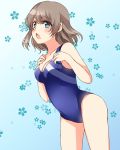  1girl blue_eyes breasts brown_hair cleavage competition_swimsuit fujisaki_kyouya hands_on_own_chest highres love_live! love_live!_sunshine!! one-piece_swimsuit short_hair solo standing swimsuit watanabe_you 