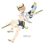  1boy bare_legs barefoot blonde_hair commentary gun headgear highres holding holding_gun holding_weapon horns jacket jewelry looking_at_viewer luye_yuan male_focus navel necklace open_clothes open_jacket open_mouth original shorts simple_background smile solo tan tanlines violet_eyes weapon white_background 