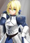  1girl ahoge armor blonde_hair breastplate cape celeryma fate/grand_order fate/stay_night fate_(series) grey_background highres juliet_sleeves long_sleeves looking_at_viewer puffy_sleeves saber smile solo 