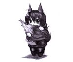  1girl animal_ears boots covered_mouth dazzle_(shinkonryu) hair_between_eyes highres knee_boots looking_at_viewer monochrome original pants peeking simple_background sketch solo standing tail tail_hold white_background wolf_ears wolf_girl wolf_tail 