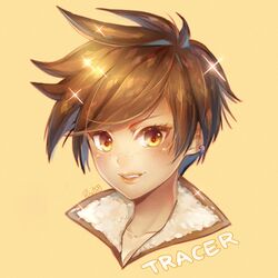  1girl atobesakunolove bomber_jacket brown_background brown_eyes brown_hair character_name earrings freckles jacket jewelry looking_at_viewer no_goggles overwatch parted_lips portrait short_hair simple_background smile solo sparkle tracer_(overwatch) yellow_background 