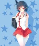  1girl alternate_costume bag bare_shoulders black_hair blue_background breasts cleavage commentary_request eyebrows eyebrows_visible_through_hair hair_ornament highres jewelry kantai_collection large_breasts looking_at_viewer necklace pleated_skirt red_eyes red_skirt school_bag school_uniform short_hair skirt solo star starry_background tebi_(tbd11) white_legwear yamashiro_(kantai_collection) 