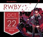  1girl 2016 artist_request boots cape corset dress ein_lee grey_eyes highres long_sleeves official_art puffy_long_sleeves puffy_sleeves roosterteeth ruby_rose rwby scythe shiny shiny_hair short_hair solo thigh-highs vambraces weapon zettai_ryouiki 