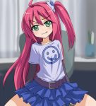  1girl :q arms_behind_back belt chair douraku_utage green_eyes long_hair miniskirt ore_no_nounai_sentakushi_ga_gakuen_love-comedy_wo_senryoku_de_jama_shiteru redhead shirt side_ponytail sitting skirt smile solo spread_legs t-shirt tongue tongue_out umarutsufuri very_long_hair 