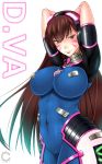  1girl alternate_breast_size arms_behind_back arms_up artist_name bangs bodysuit breasts brown_eyes brown_hair bunny_print character_name cilica closed_mouth covered_navel cowboy_shot curvy d.va_(overwatch) facepaint facial_mark gloves headphones highres large_breasts legs_together lips long_hair looking_at_viewer overwatch pilot_suit pink_lips ribbed_bodysuit short_sleeves simple_background skin_tight smile solo standing thigh-highs thigh_strap turtleneck very_long_hair whisker_markings white_background 