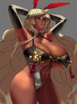  1girl armpits arms_up black_gloves blonde_hair breasts cleavage curvy dark_skin elbow_gloves eu03 gloves grey_hair huge_breasts itou_ittousai_(sengoku_bushouki_muramasa) long_hair navel parted_lips pink_eyes sengoku_bushouki_muramasa solo thick_thighs thighs under_boob wide_hips 