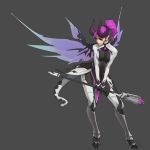  1girl alternate_costume artist_name bodysuit breasts dark_persona demon_horns demon_tail devil_mercy facial_mark faulds forehead_mark full_body grey_background high_ponytail holding holding_staff horns imp_mercy leaning_forward lipstick long_hair looking_to_the_side makeup mechanical_wings mercy_(overwatch) overwatch purple_hair purple_lipstick signature simple_background small_breasts solo staff standing tail v_arms violet_eyes wings yu_li 