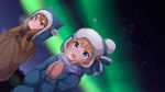  2girls :d ame. animal_ears animal_hat aurora azur_lane bangs beanie blonde_hair blue_eyes blue_headwear blue_jacket blush breath brown_hair brown_mittens character_request commentary_request dutch_angle eyebrows_visible_through_hair fake_animal_ears fringe_trim hands_together hands_up hat jacket long_hair long_sleeves mittens multiple_girls night night_sky open_mouth outdoors own_hands_together parted_lips red_eyes sky smile star_(sky) starry_sky upper_body 