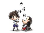  2girls akagi_(kantai_collection) black_hair black_legwear blue_skirt blush_stickers brown_eyes brown_hair chibi food full_body holding holding_food jitome kaga_(kantai_collection) kantai_collection long_hair multiple_girls no_mouth onigiri open_mouth profile red_skirt seiza shadow side_ponytail simple_background sitting skirt standing thigh-highs throwing tsubakiyama_parry very_long_hair white_background white_legwear 