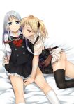  2girls arm_support ass blonde_hair blue_eyes hand_on_another&#039;s_face looking_at_viewer multiple_girls naughty_face original red_eyes sheairkuaki silver_hair sitting smile thigh-highs twintails 