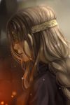  1girl blindfold blonde_hair cape capelet cherry_(10013717) cloak dark_souls_iii fire_keeper highres jewelry lips long_hair mask necklace profile solo souls_(from_software) 