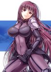  1girl bodysuit breasts fate/grand_order fate_(series) highres kumoi_takashi large_breasts long_hair parted_lips purple_hair red_eyes scathach_(fate/grand_order) solo 