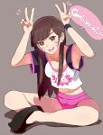  1girl ankle_socks bangs breasts brown_background brown_eyes brown_hair bunny_print butterfly_sitting casual collarbone d.va_(overwatch) double_v facepaint facial_mark hands_up long_hair looking_at_viewer navel open_mouth overwatch pink_shorts shirt shoes short_sleeves shorts simple_background sitting smile solo sou_(sona99) speech_bubble v whisker_markings wristband 