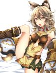  1girl :o animal_ears belt blush boots brown_boots center_opening chestnut_mouth choker claws collar erun_(granblue_fantasy) gauntlets gloves granblue_fantasy green_skirt grey_hair healther knee_boots leaning_back leg_up looking_at_viewer miniskirt open_mouth pleated_skirt round_teeth sen_(granblue_fantasy) side_slit simple_background skindentation skirt solo teeth thighs white_background yellow_eyes 