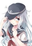  1girl anchor_symbol arm_up bangs blue_eyes blue_hair blush collarbone eyebrows eyebrows_visible_through_hair flat_cap hair_between_eyes hat hibiki_(kantai_collection) highres kantai_collection long_hair looking_at_viewer neckerchief one_eye_covered open_mouth school_uniform serafuku short_sleeves simple_background solo squiggle sweat translated twitter_username upper_body white_background yakitori_(yakitori06) 