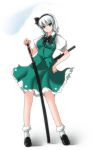  &gt;:( 1girl bobby_socks bow bowtie breasts frown green_eyes hair_ribbon hand_on_hip katana konpaku_youmu konpaku_youmu_(ghost) loafers medium_breasts ribbon sheath sheathed shoes silver_hair skirt skirt_set socks solo sword touhou vest wakizashi weapon white_background yumi_(careca398) 