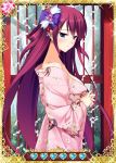  1girl blue_eyes card_(medium) grisaia_(series) grisaia_no_kajitsu hair_ornament japanese_clothes kimono long_hair looking_at_viewer purple_hair sash smile solo suou_amane yukata 