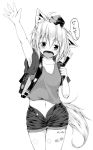  1girl :d ahoge alternate_costume animal_ears arm_up armpits backpack bag bandaid blush collarbone contemporary cowboy_shot fang ginzake_(mizuumi) greyscale hat instrument inubashiri_momiji looking_at_viewer monochrome navel open_mouth randoseru recorder short_hair short_shorts short_sleeves shorts smile solo tail tokin_hat touhou translated unbuttoned wolf_ears wolf_tail younger 