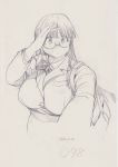  1girl bag blazer bow bowtie breasts buttons collared_shirt expressionless fat formal glasses graphite_(medium) handbag jacket kobayakawa_horan large_breasts long_hair monochrome nekokami original plump shading_eyes shirt sketch solo traditional_media very_long_hair 