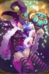  1girl artist_request bell bell_collar butterfly cape clouds collar frilled_skirt frills frown fur_trim garters grand_sphere hat highres jewelry purple_hair ring skirt staff striped striped_legwear thigh-highs witch_hat yellow_eyes zettai_ryouiki 